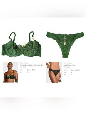 Victoria's Secret Dream Angels Cilantro Lace Balconette Bra & Thong - 36D - XL